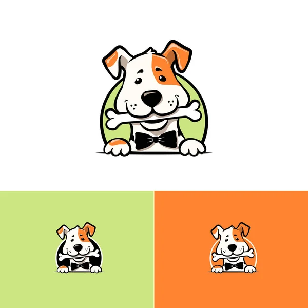 笑顔と骨のロゴテンプレートと漫画の小さな犬 シンプルな犬のベクトルイラストとマスコットペットのデザイン — ストックベクタ