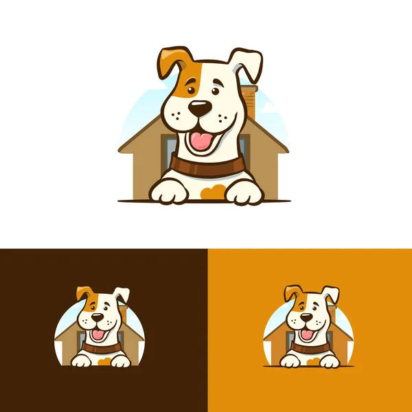卡通狗标志和家庭标志 矢量图解标志或吉祥物设计 微笑的狗和宠物狗公司标志 — 图库矢量图片