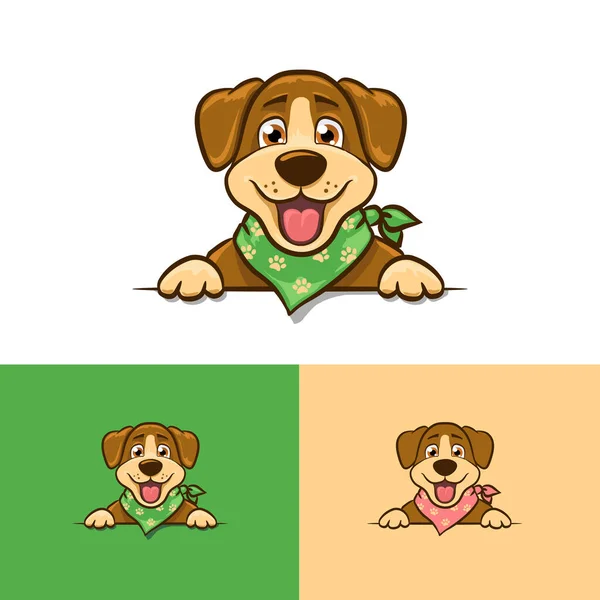 笑顔の顔のロゴテンプレートと漫画茶色の小さな犬の頭 犬のベクトルイラストとマスコットペットデザイン — ストックベクタ