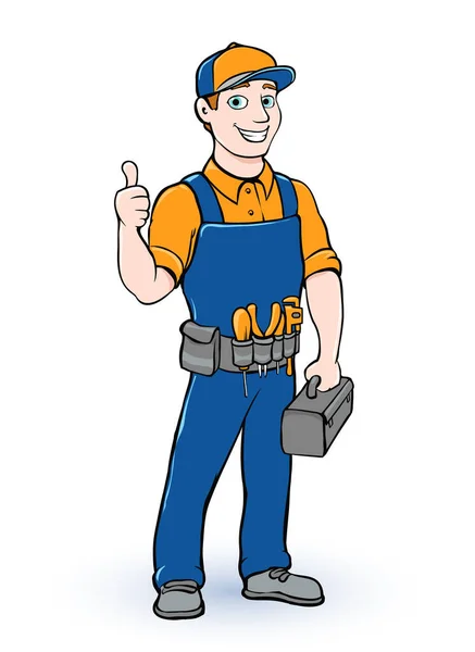Cartoon Heimwerker Finger Hoch Schreiner Bauarbeiter Reparateur Mit Werkzeugen — Stockvektor