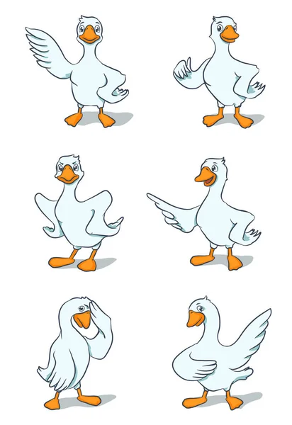 Set Cartoon Goose Vector Drawings Funny Character Happy Sad Angry — Vettoriale Stock