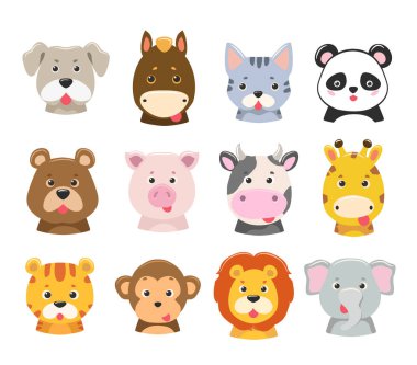 Hayvan yüzlerinin vektör karikatürü. Köpek, kedi, at, inek, domuz, zürafa, ayı, diğer vahşi hayvan yüzleri.
