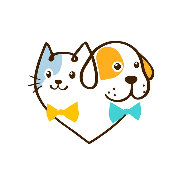 猫和狗与领结头绳图标与心脏的形状 简单的宠物脸象形文字 直线绘图 矢量说明 — 图库矢量图片#