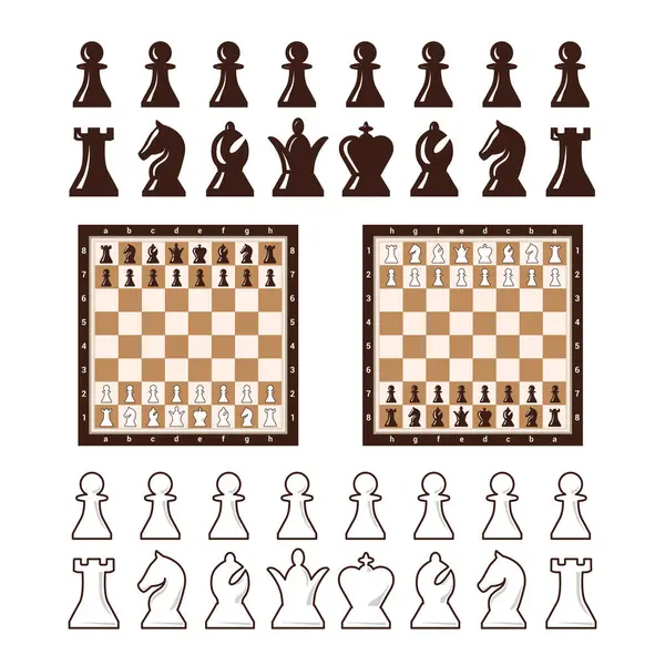 チェスピース付きのブラウンとホワイトチェスボード フラットスタイルのチェスピース ベクトルイラスト — ストックベクタ