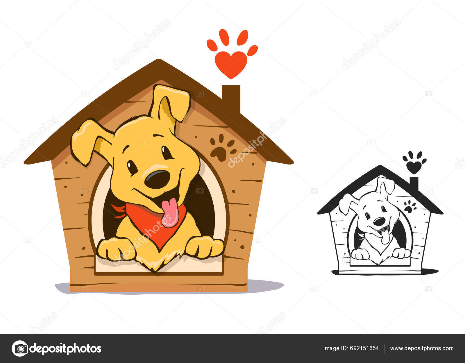 Puppy Smiling Dog Brown Dog House Paw Black White Version Stock Vector