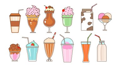 İçecekler, tatlılar, kahve bardakları, milkshake 'ler, kamışlı içecekler, dondurma kepçeleri.
