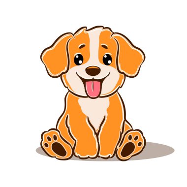 Şirin yavru köpek çizimi, turuncu ve beyaz kürklü oturan köpek, büyük, anlamlı gözler, mutlu yüz ifadesi..