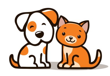 Çizgi film resimlerinde bir turuncu kedi ve bir köpek yan yana oturuyor.