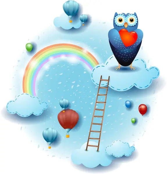Landscape Clouds Ladder Owl Heart Fantasy Illustration Vector Eps10 Stock Illustration