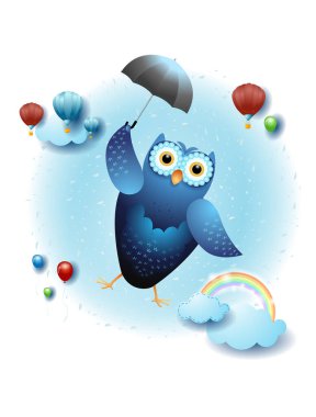 Şemsiyeli uçan baykuşlu gökyüzü manzarası. Vektör illüstrasyonu E10