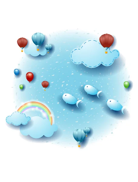 Paesaggio Con Nuvole Palloncini Fischi Volanti Illustrazione Vettoriale Eps10 Illustrazioni Stock Royalty Free