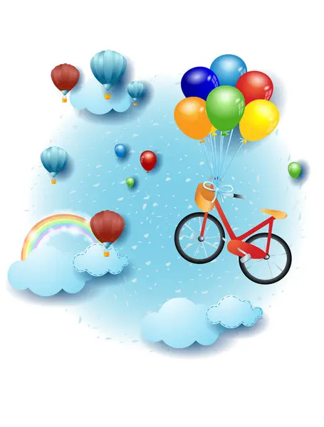 Himmelslandschaft Mit Wolken Fliegendem Fahrrad Und Ballons Fantasie Illustrationsvektor Eps10 Stockillustration