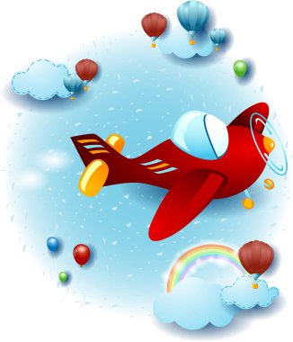 Uçaklı gökyüzü manzarası, fantezi çizimi. Vektör Eps10