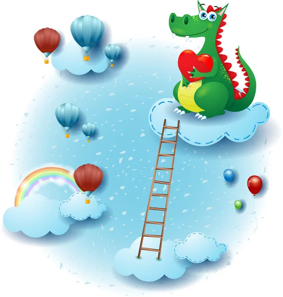 Paisagem Céu Com Nuvens Dragão Apaixonado Escada Fantasia Ilustração Vetor Gráficos Vetores