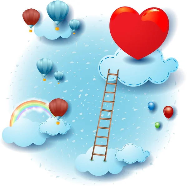 Paisagem Céu Com Nuvens Coração Vermelho Escada Fantasia Ilustração Vetor Gráficos De Vetores