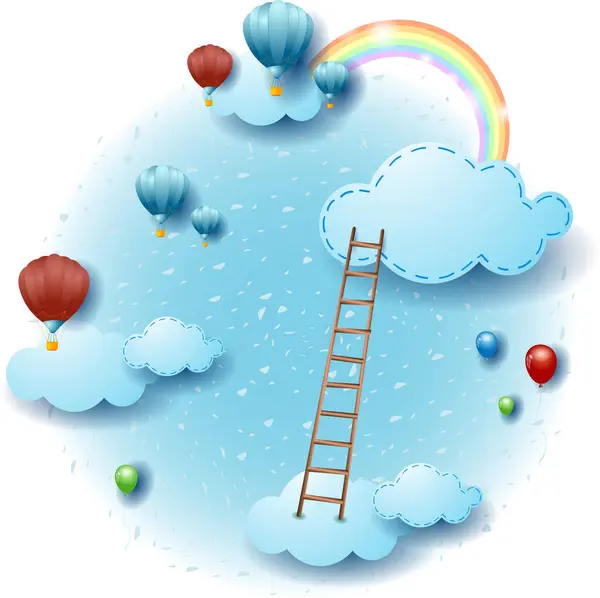 Небесний Пейзаж Хмарами Веселкою Сходами Фентезійні Ілюстрації Вектор Eps10 Ліцензійні Стокові Ілюстрації
