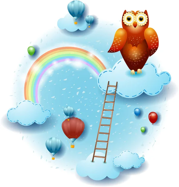 有云彩 梯子和猫头鹰的天空景观 幻想插图 矢量Eps10 免版税图库插图