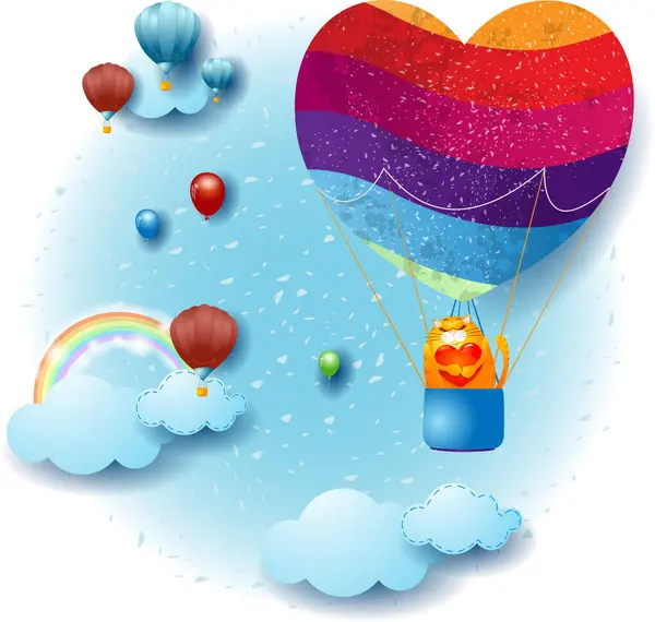 Sky Landscape Balloon Heart Shaped Cat Valentine Background Vector Illustration Stock Illustration