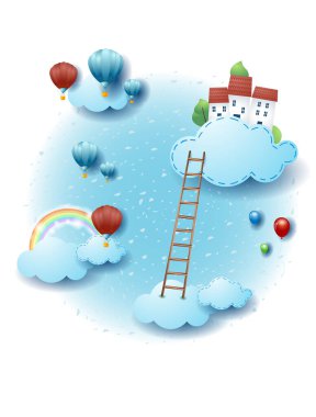 Bulutlu, köylü ve merdivenli gökyüzü manzarası. Fantezi illüstrasyon vektörü ep10