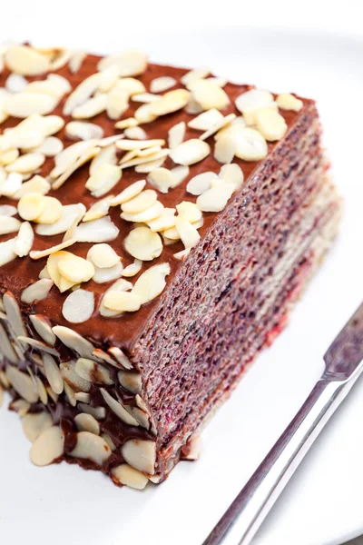 아몬드 로장식된 초콜릿을 곁들인 케이크 — 스톡 사진