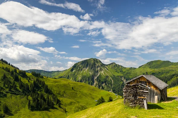 Typowy Alpejski Krajobraz Wczesnym Latem Niedaleko Damuls Vorarlberg Austria — Zdjęcie stockowe