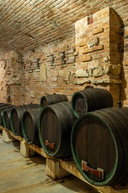 Wine cellars with barrels in Rakvice, Southern Moravia, Czech Republic