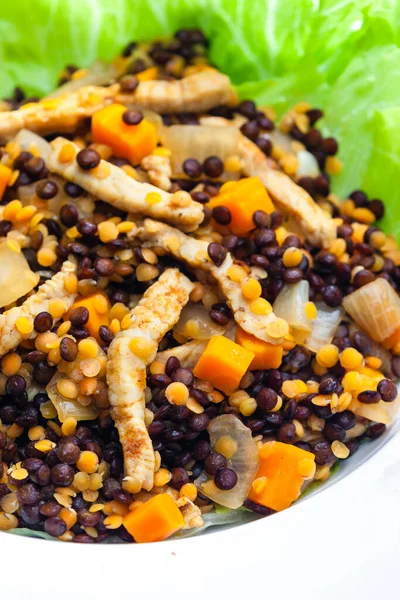 lentil salad with poultry meat and vegetables