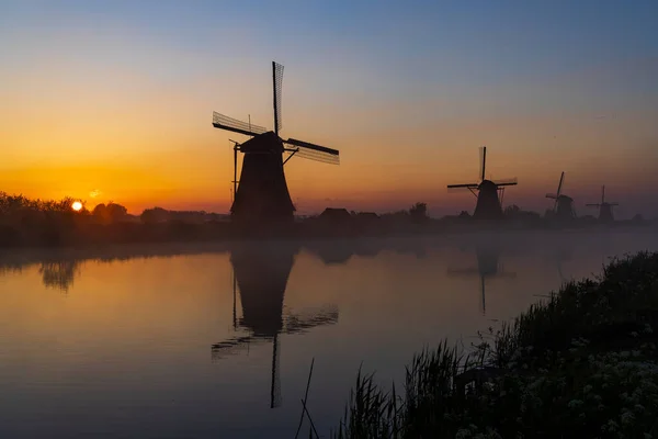 Traditional Dutch Windmills Colourful Sky Just Sunrise Kinderdijk Netherlands — Stock Photo, Image