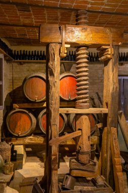 Traditional winemaking equipment in Castello di Razzano, Piedmont, Italy