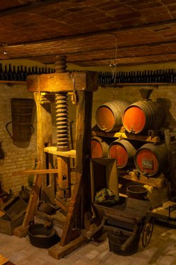 Traditional winemaking equipment in Castello di Razzano, Piedmont, Italy