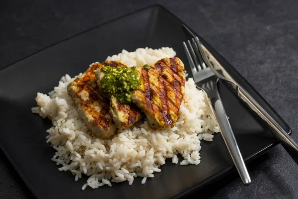 Grilled Poultry Meat Pesto Served Rice — Stockfoto