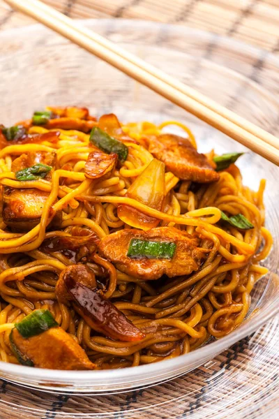 Fried Noodles Chicken Meat Soya Sauce — Stock Photo, Image