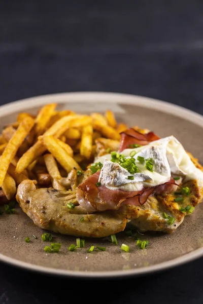 Typical Czech Cuisine Chicken Slice Baked Ham Camembert French Fries — Foto de Stock