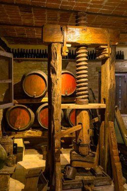 Traditional winemaking equipment in Castello di Razzano, Piedmont, Italy