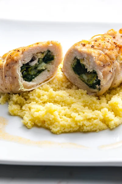 Poultry Roulade Filled Spinach Cheese Served Couscous — Stock Photo, Image