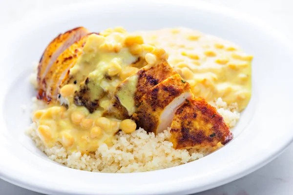 Chicken Breast Served Creamy Curry Chickpea Sauce Couscous — Stock Photo, Image