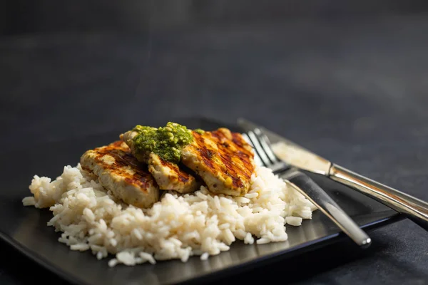 Grilled Poultry Meat Pesto Served Rice — Stok fotoğraf