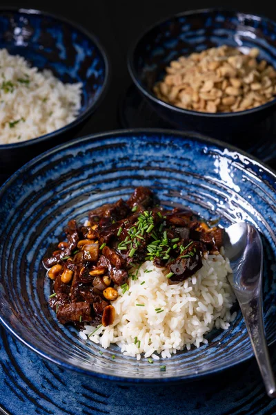 Beef Kung Pao Peanuts Rice — Stock Photo, Image