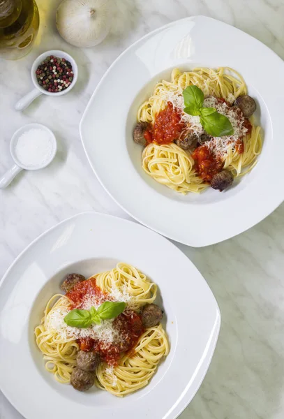 Spaghetti Con Polpette Carne Salsa Pomodoro — Foto Stock