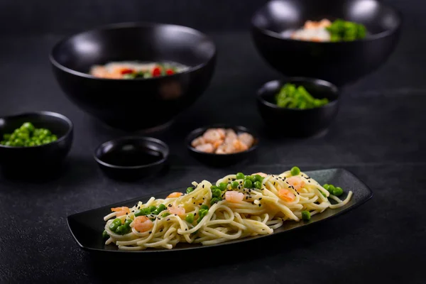 Various Dishes Asian Cuisine Different Types Noodles Rice Shrimp Vegetables — Stock Photo, Image