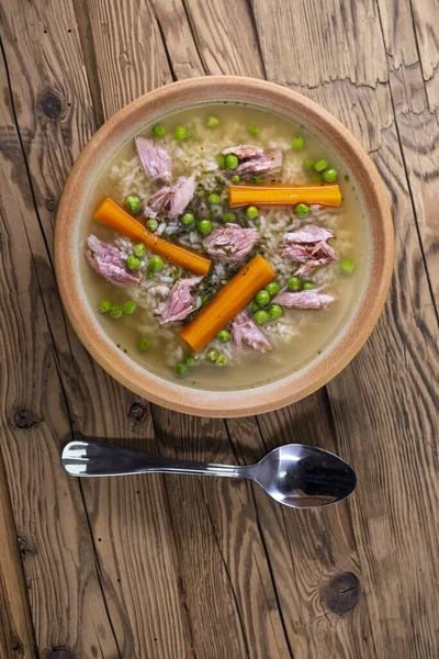 Суп Копченого Мяса Овощами Рисом — стоковое фото