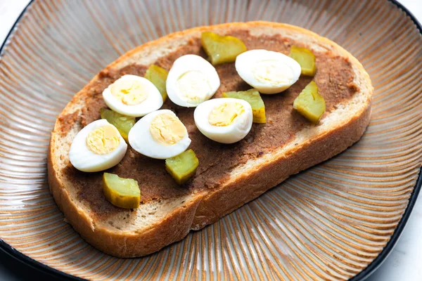Cracklings Spread Pickled Cucumber Boiled Egg Slice Bread — Stockfoto