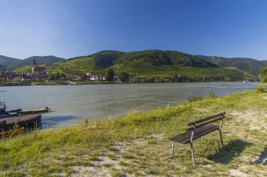 Durnstein yakınlarındaki Wachau vadisi, UNESCO sahası, üzüm bağları ve Tuna nehri, Avusturya