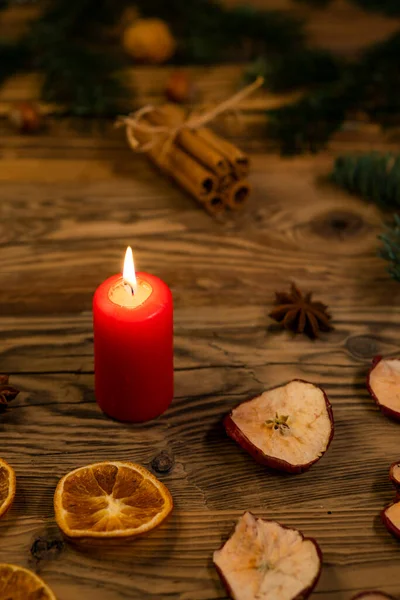 Natal Tcheco Tradicional Decoração Madeira Com Galho Vela Maçã Laranja — Fotografia de Stock