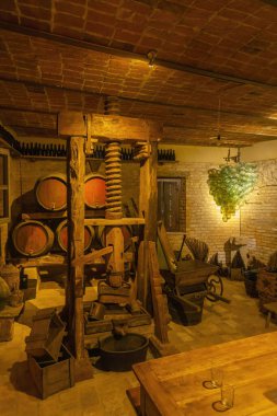 Traditional winemaking equipment in Castello di Razzano, Piedmont, Italy