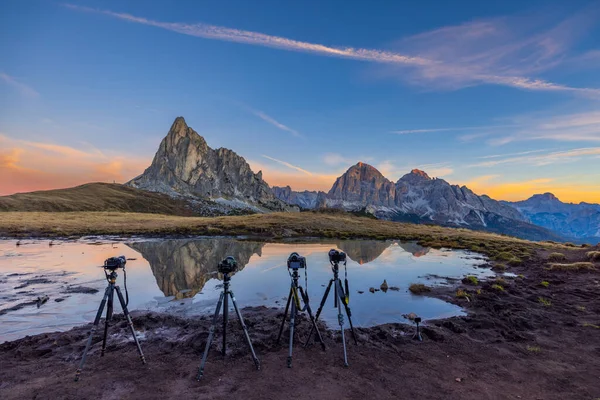 Camera Tripod Landscape Giau Pass Passo Giau Dolomites Alps South — Stock Photo, Image