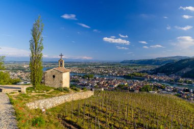 Grand cru vineyard and Chapel of Saint Christopher, Tain l'Hermitage, Rhone-Alpes, France clipart