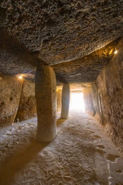 Interior of the Menga dolmen, view of the central pillar, UNESCO site, Antequera, Spain