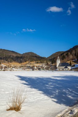 Landscape with church (Cerkev Rozenvenske Marije) near Bohinjska Bistrica, Slovenia