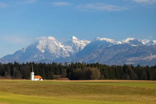 stock image Landscape with church near Kranj, Slovenia